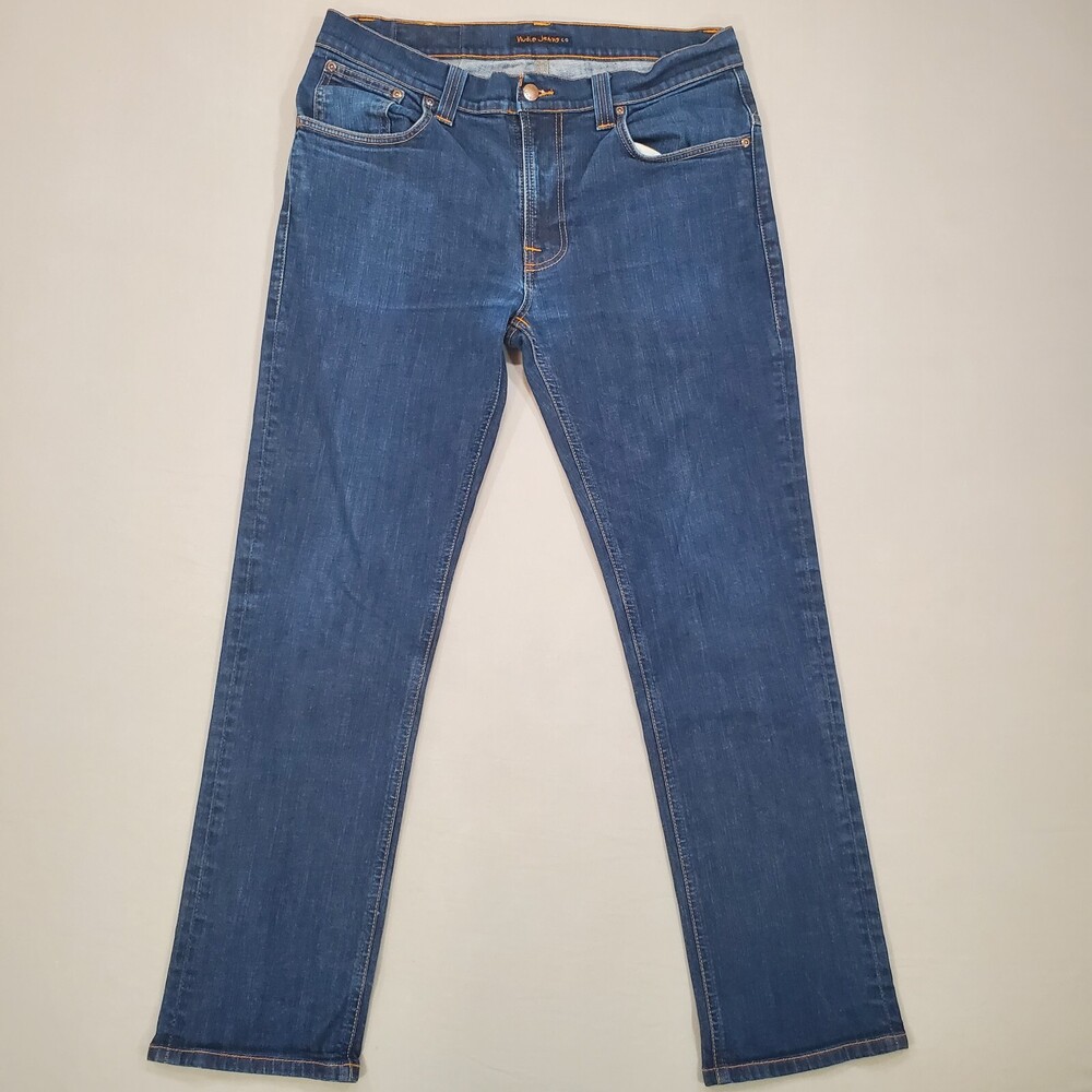 Nudie Jeans Mens 32x28 Blue Slim Straight Stretch Dark Wash Denim Made in Italy